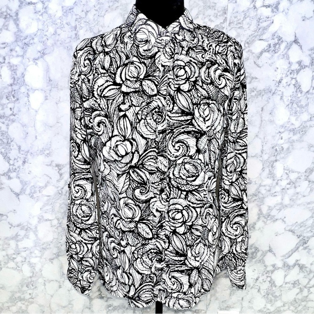 East 5th 90s Black White Floral Rose Button Up Blouse Women’s Medium - Picture 2 of 7